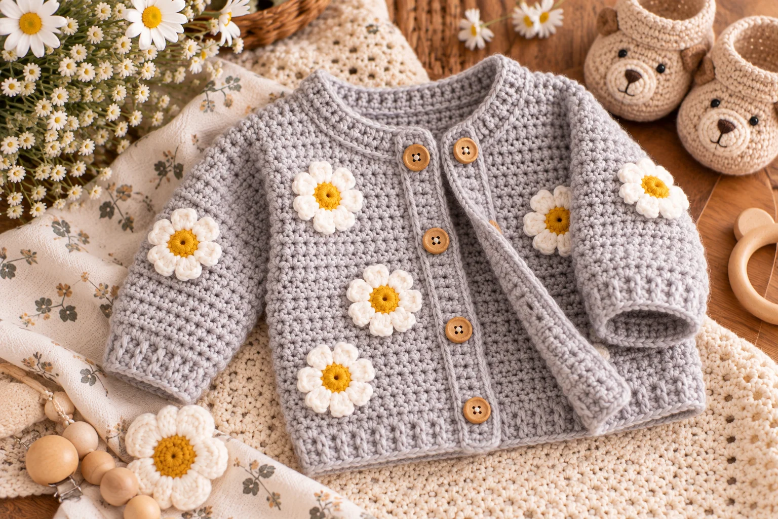 Crochet Single Crochet Baby Sweater with Daisy Flowers