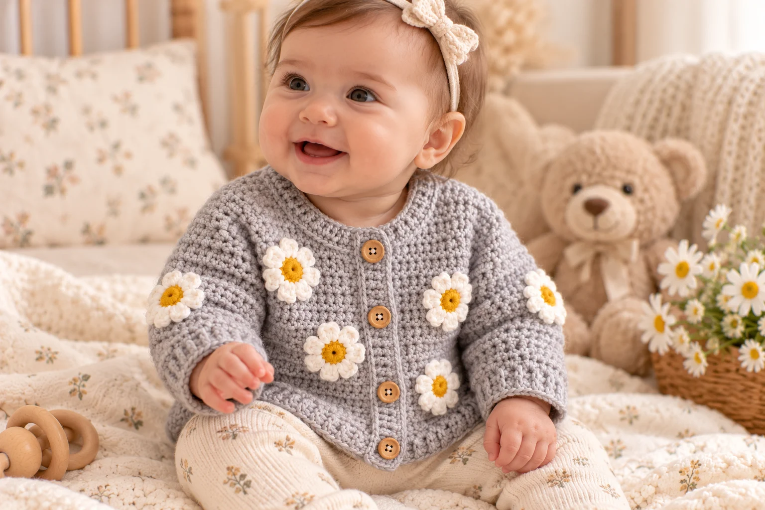 Crochet Single Crochet Baby Sweater with Daisy Flowers