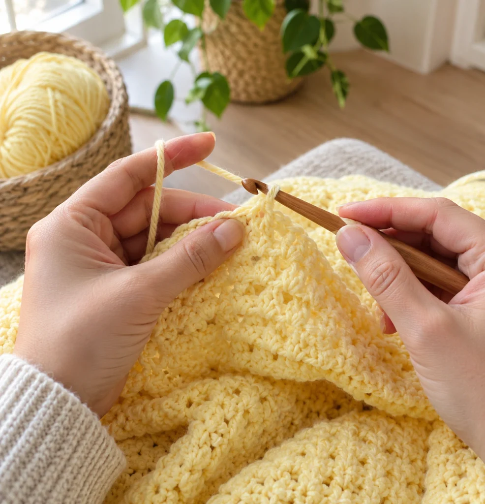 Hands crocheting the texture stitch of a baby blanket crochet pattern using a wooden hook.