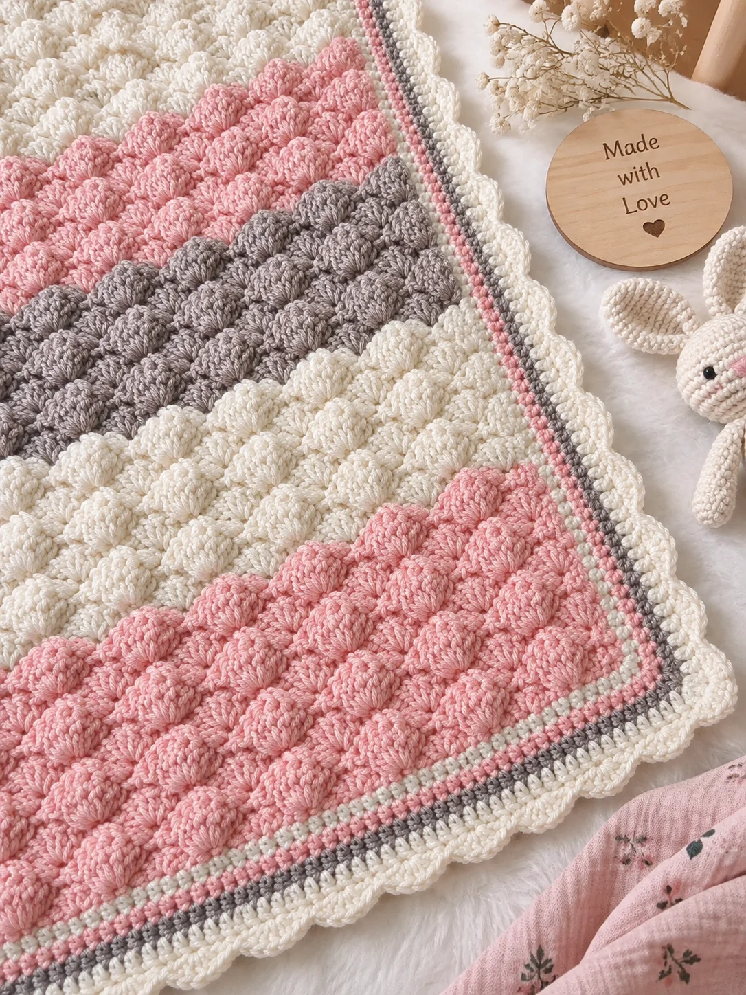 Easy Crochet Baby Blanket with Shell Stitch – Three-Color Pattern