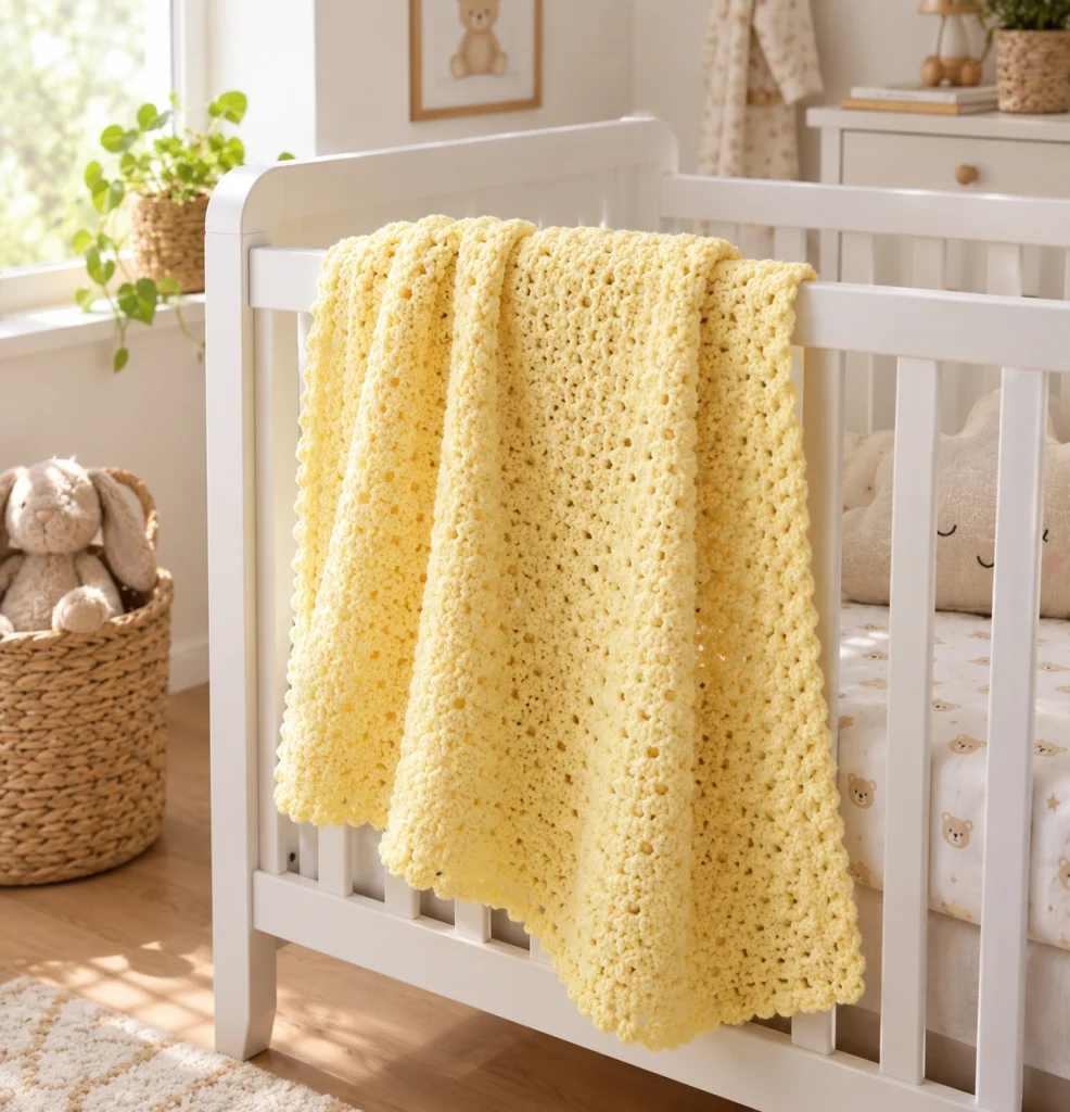 A handmade crochet baby blanket draped over a crib in a softly lit nursery.