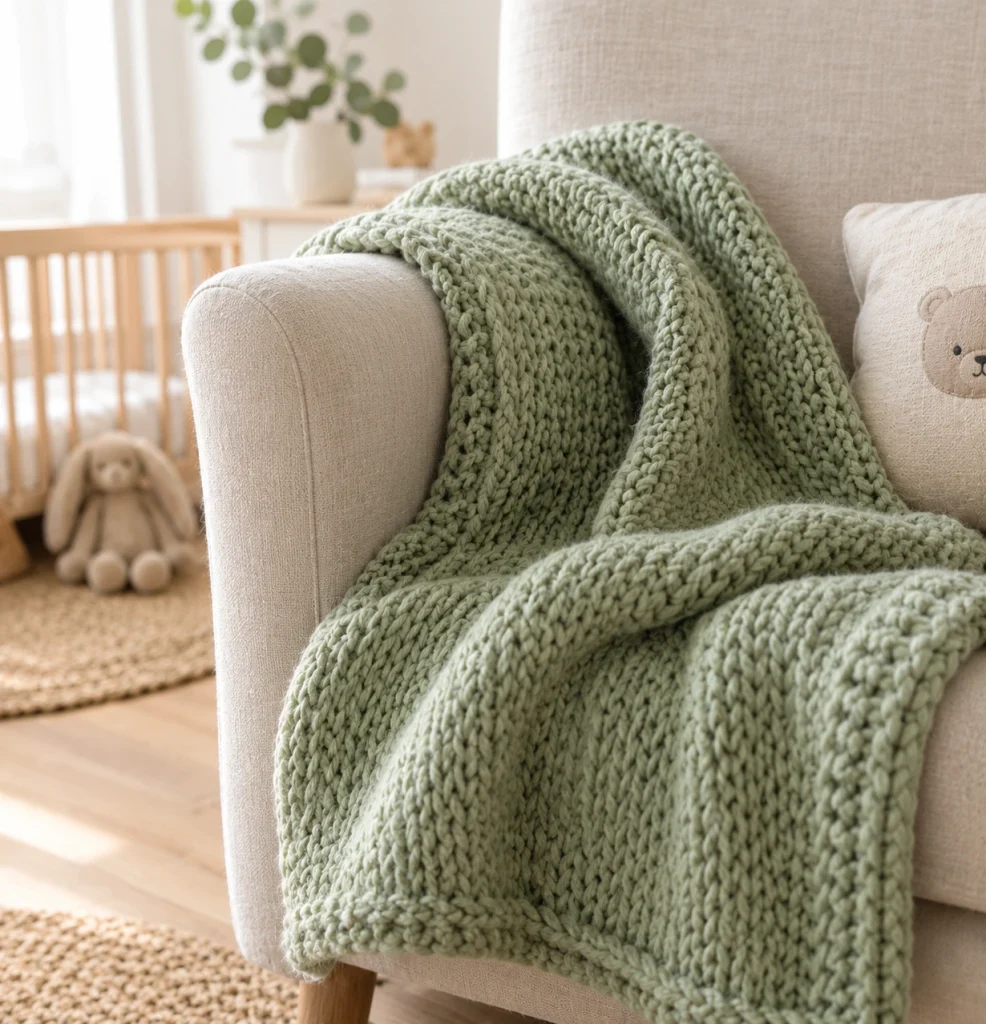 A chunky sage green knitted baby blanket draped over a chair in a minimalist nursery.