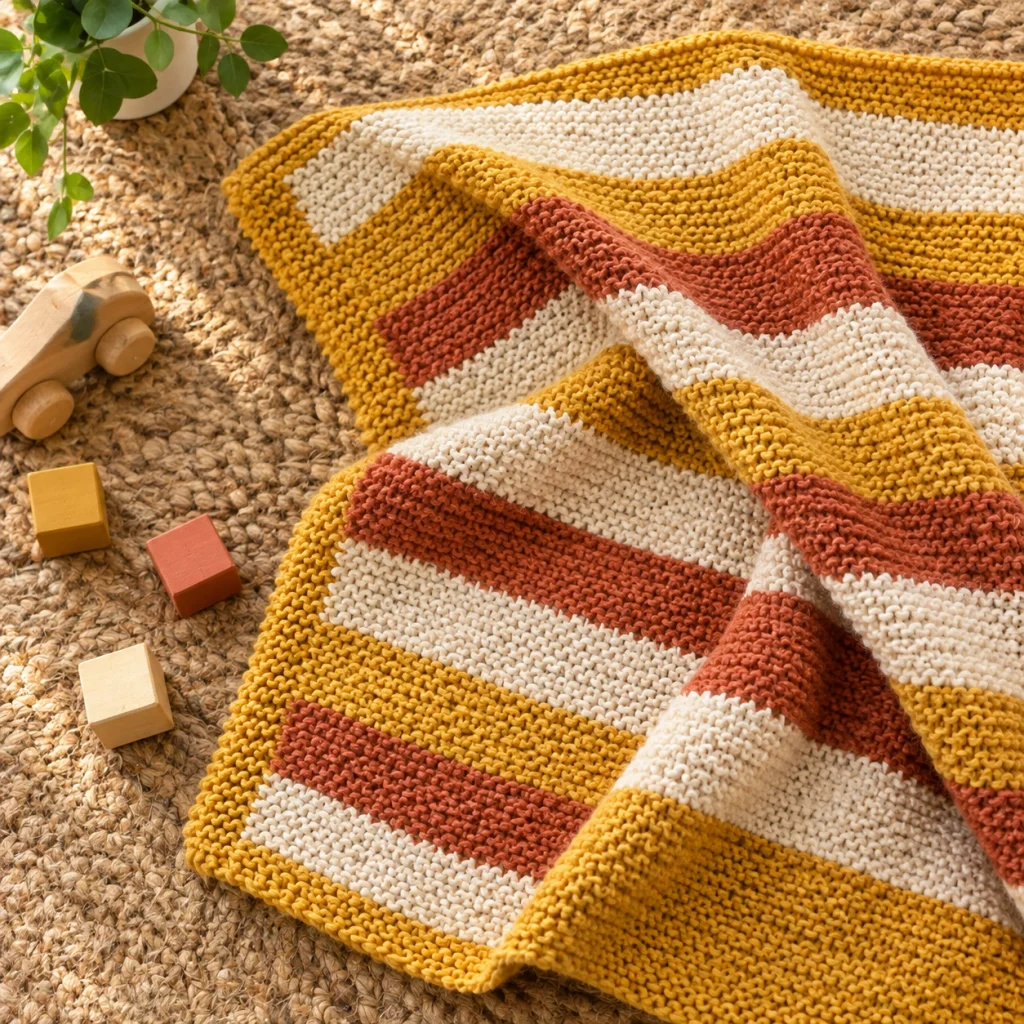 A striped knitted baby blanket in mustard, terracotta, and cream laid on a woven rug.
