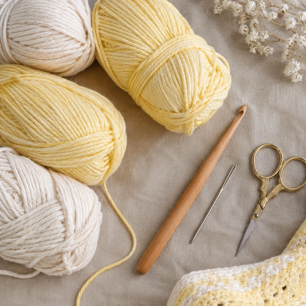Cotton-blend yarn, a crochet hook, and a yarn needle arranged for a baby blanket crochet project.