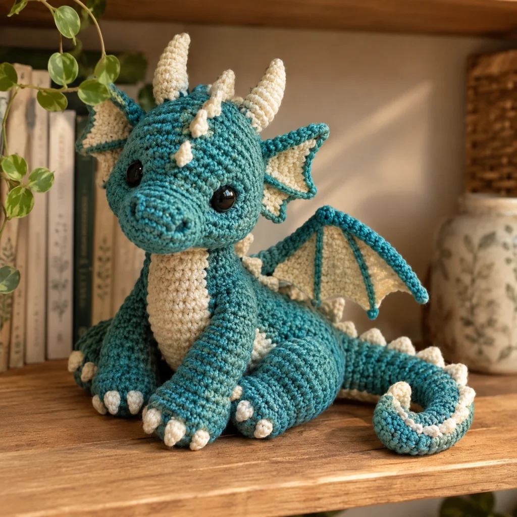 A detailed handmade crochet dragon toy in teal and cream yarn.