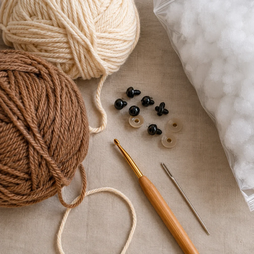 Amigurumi supplies including yarn, a crochet hook, safety eyes, and stuffing for making crochet toys.