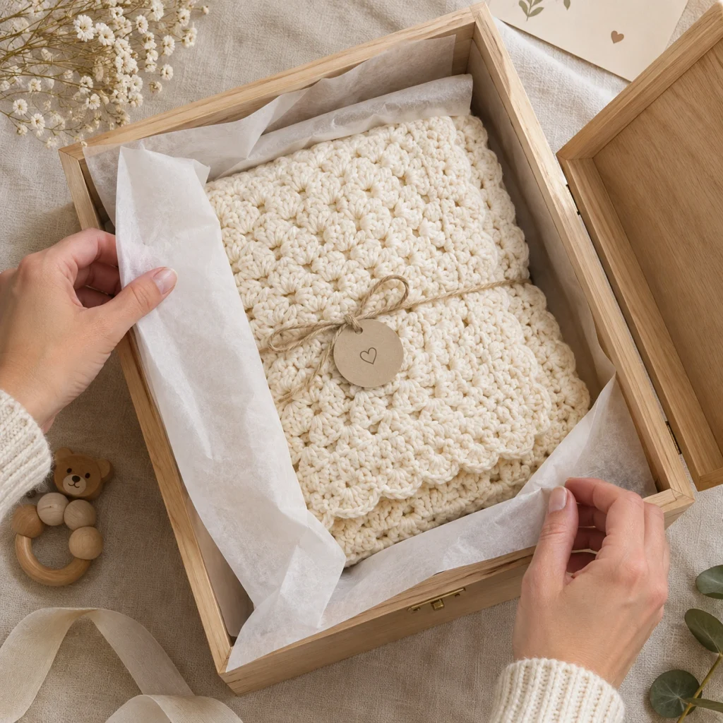 Heirloom baby blanket being wrapped in tissue paper for long term storage