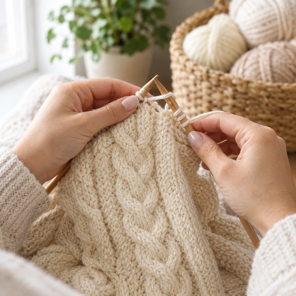 Hands knitting a cable stitch pattern for a baby blanket using wooden needles.