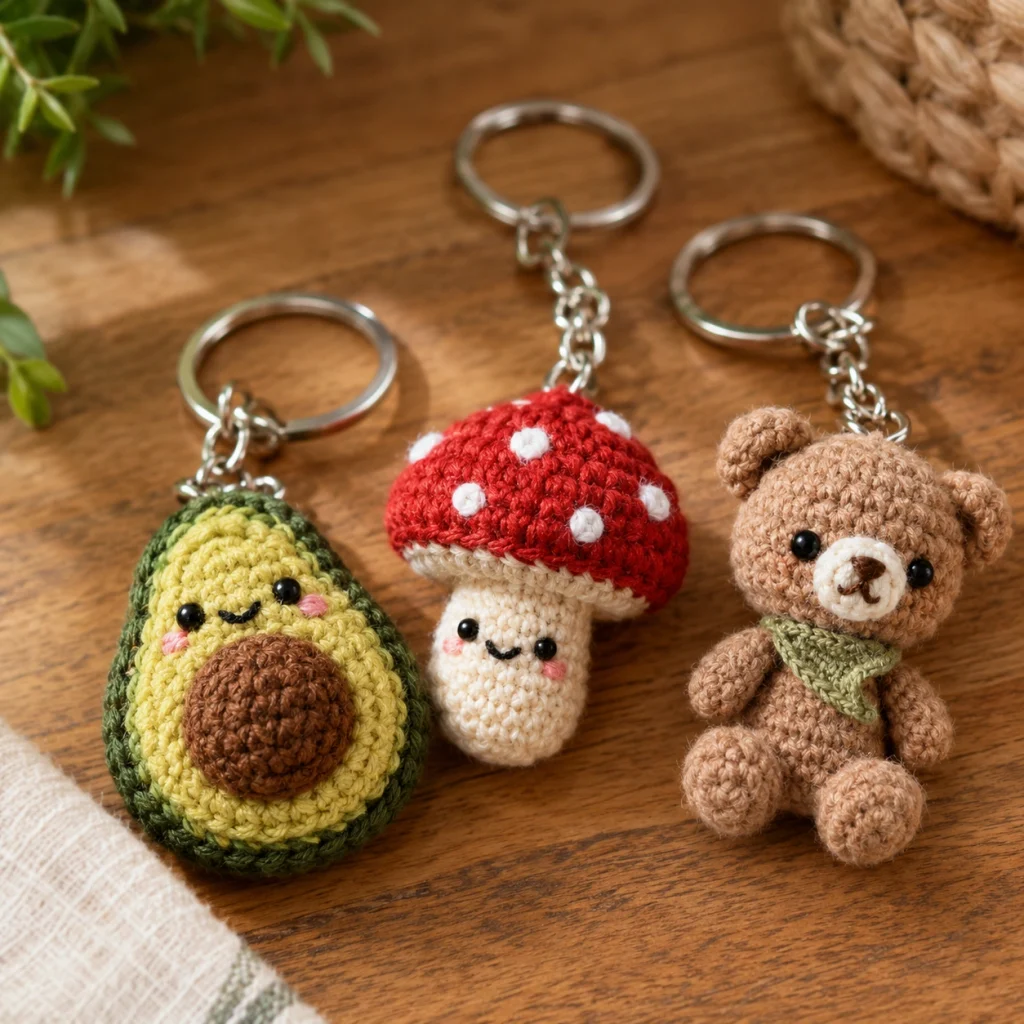 Miniature crochet toy keychains including an avocado, mushroom, and small bear.
