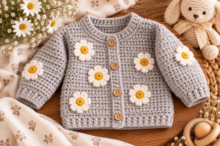 Crochet Single Crochet Baby Sweater with Daisy Flowers