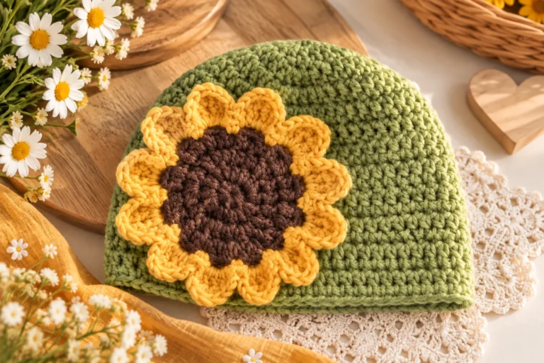 Sunflower Baby Beanie Hat (Free Crochet Pattern)