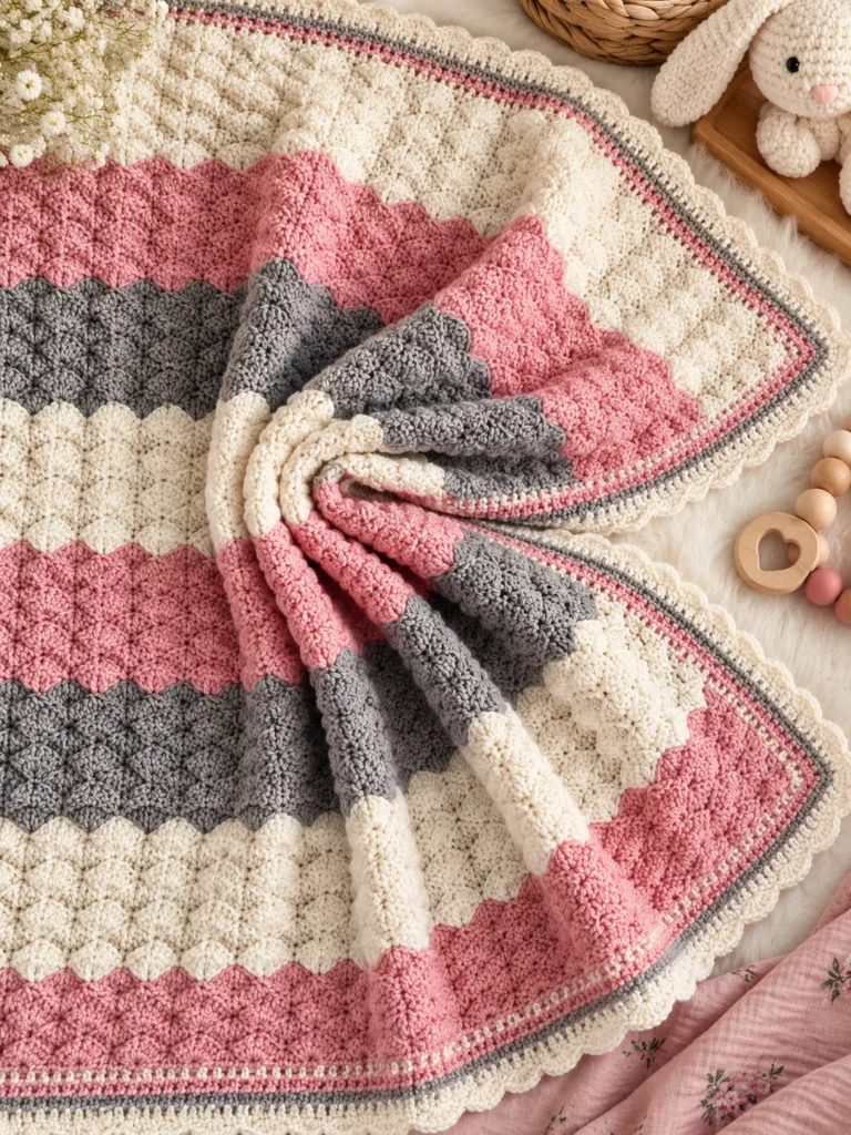 Easy Three-Color Crochet Baby Blanket for Beginners