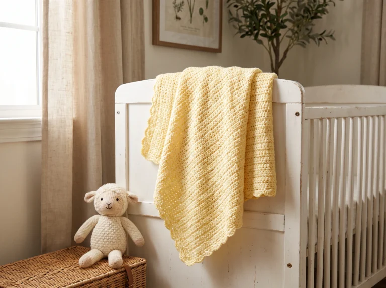 A handmade crochet baby blanket draped over a crib in a softly lit nursery.