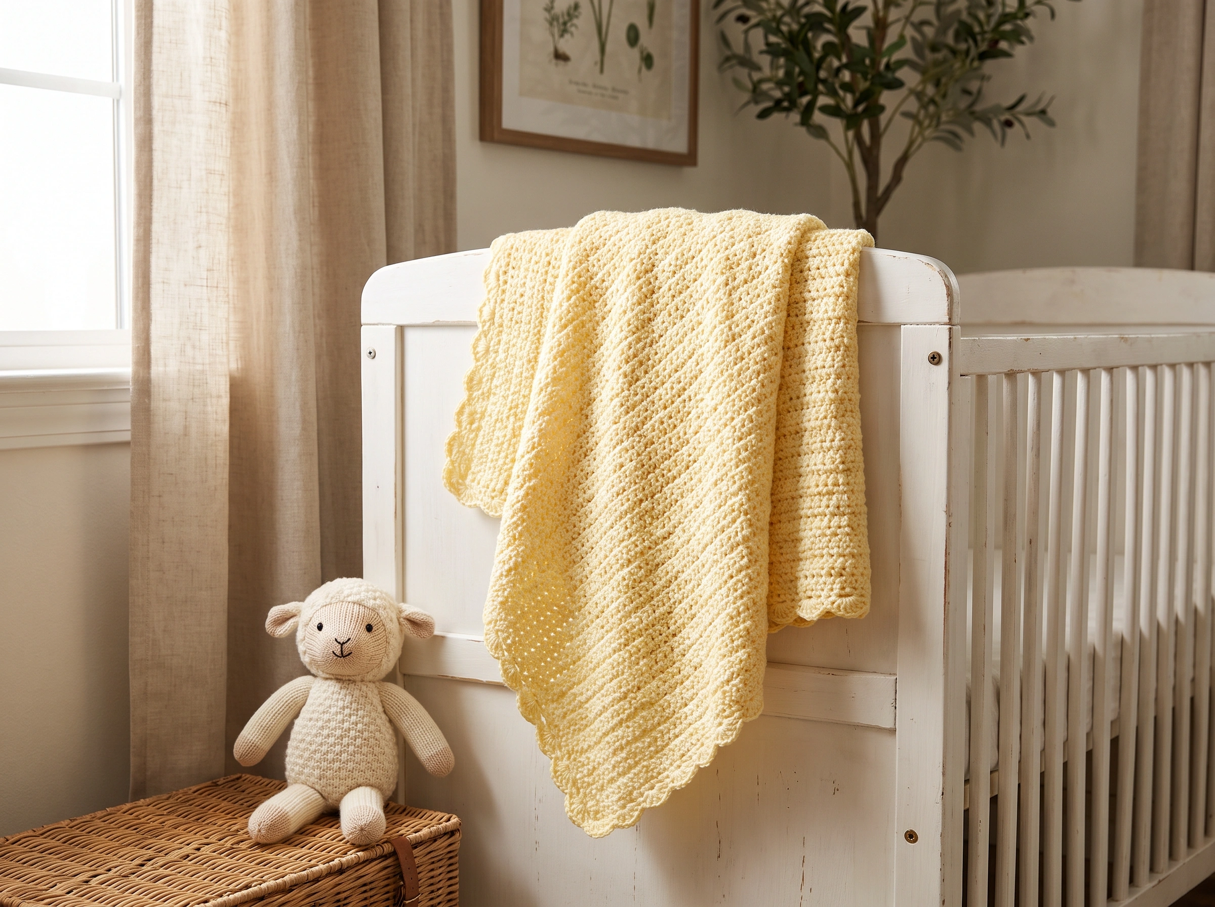 A handmade crochet baby blanket draped over a crib in a softly lit nursery.