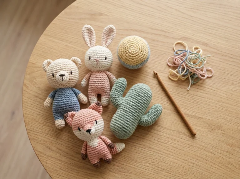 A collection of handmade crochet toys including a bear, bunny, fox, and cactus arranged on a wooden surface.