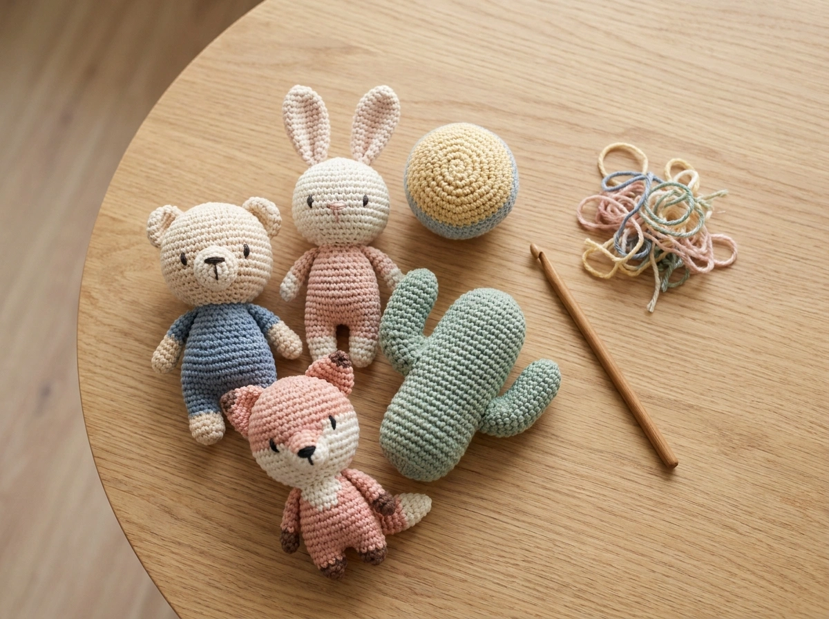A collection of handmade crochet toys including a bear, bunny, fox, and cactus arranged on a wooden surface.