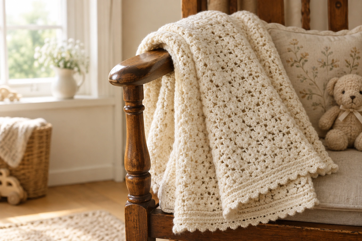 Cream colored heirloom crochet baby blanket folded over a wooden chair in soft natural light