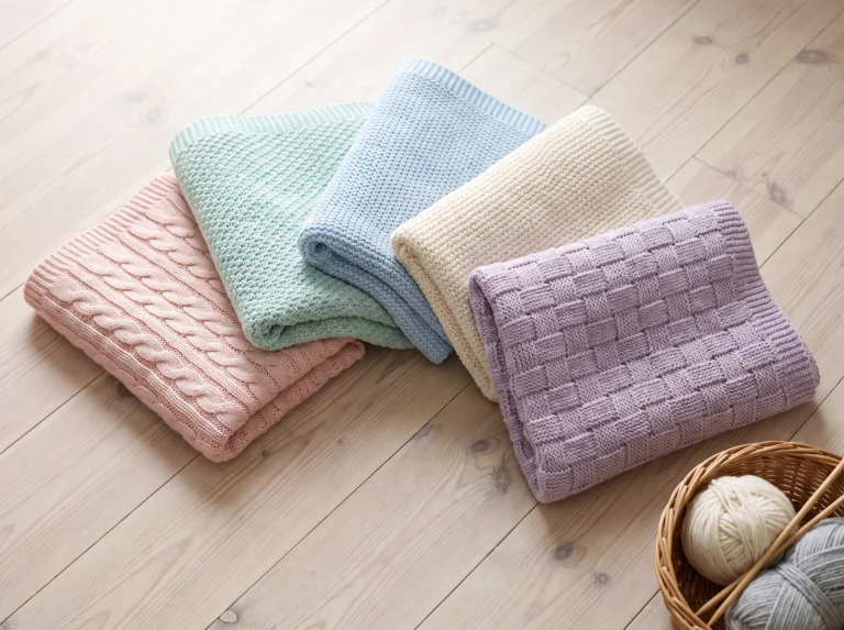 A collection of folded knitted baby blankets in different pastel colors and textures.