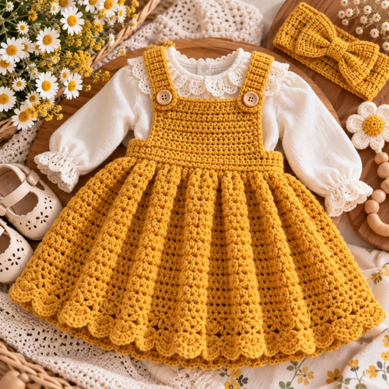 Mustard Yellow Baby Pinafore Dress Free Crochet Pattern
